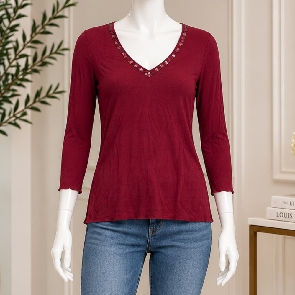 Jones New York Sport Womens Top Sequin V-Neck 3/4 Sleeve Red Large